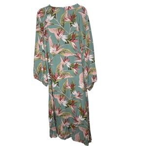 ELF Button Front Maxi Dress Womens Medium Green Floral Tropical Bird of Paradise